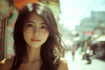 Poster - Young woman with long dark hair walking in a vibrant urban street on a sunny day