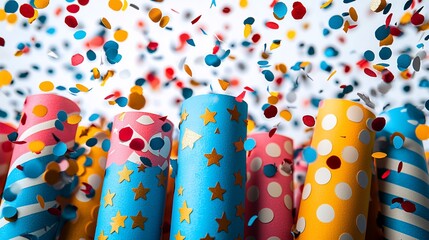 Colorful confetti cannons exploding, celebration, party background, festive