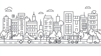 Cityscape, urban transport, street view, daytime, line art, website banner
