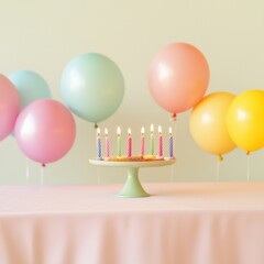 Poster - Colorful birthday celebration with vibrant balloons and glowing candles on a festive table for a joyful gathering. Generative AI