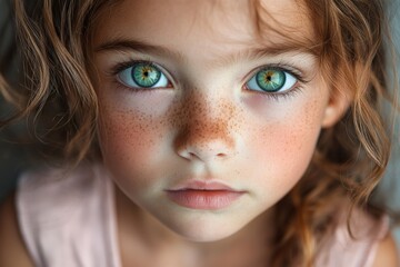 Poster - Young girl with striking blue-green eyes and freckles gazes directly at the camera in soft light