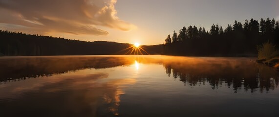 Wall Mural - A breathtaking sunset reflecting off a quiet lake offering a serene view as the sun bids farewell at the end of the day