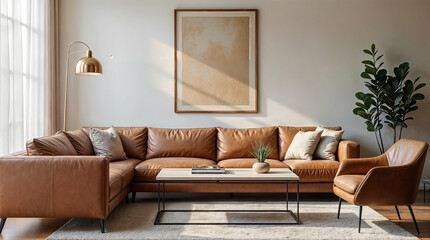 Wall Mural - a living room with a tan couch, a coffee table, and a potted plant