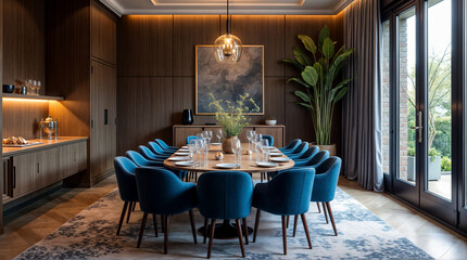 Wall Mural - a large dining room with a blue chair at the head of the table