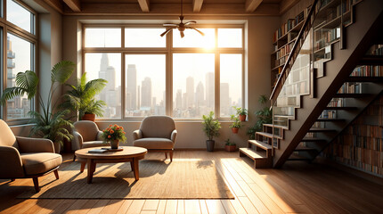 Wall Mural - a living room with a wooden floor and a staircase