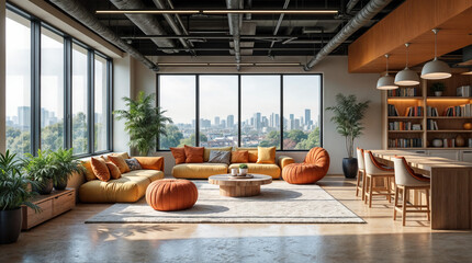 Wall Mural - a large open living room with a view of the city
