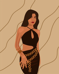 Wall Mural - Illustration of a pretty girl on a light brown background.