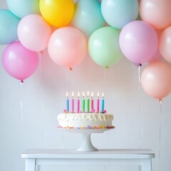 Poster - Celebrate with a colorful birthday table adorned with vibrant balloons and glowing candles for a joyful gathering. Generative AI