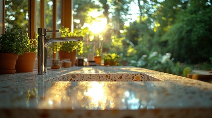 Wall Mural - Sunny Kitchen Sink with Garden View