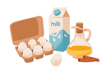 Wall Mural - A cozy flat vector illustration of homemade baking ingredients, eggs, milk, and cinnamon.