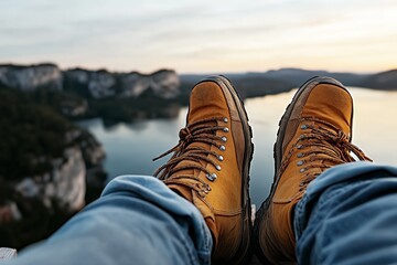 Wall Mural - Enjoying serene views from a mountain edge during sunset while wearing sturdy hiking boots