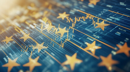 Wall Mural - european financial market analysis with rising gold stars and digital graph lines, highlighting econ