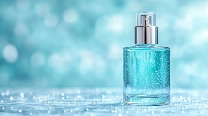 Wall Mural - Teal perfume bottle on teal background with bokeh