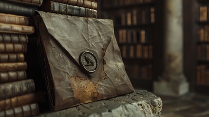 Wall Mural - A weathered, leather-bound envelope with a wax seal featuring a raven, resting on a stack of old books.