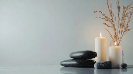 Aufkleber - Relaxing spa setup with smooth massage stones and calming candles for a tranquil atmosphere. Generative AI