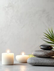 Aufkleber - Relaxation with smooth massage stones and lit candles in a serene spa setting perfect for mindfulness and tranquility. Generative AI