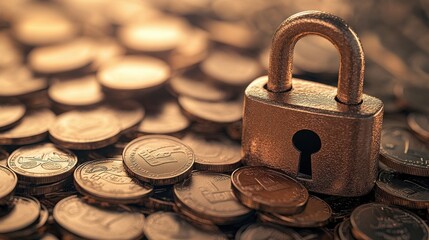 Wall Mural - A padlock rests atop a pile of coins, symbolizing financial security, wealth protection, savings, investment, and financial stability.