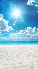 white sandy beach crystal clear blue water bright sun fluffy clouds tropical paradise