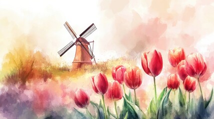 Poster - Colorful watercolor illustration of tulip fields with windmill in vibrant spring landscape. Generative AI