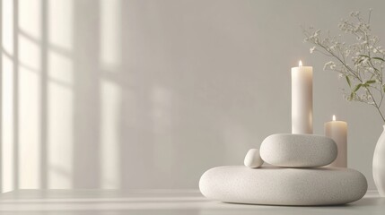 Aufkleber - Relaxing spa environment featuring smooth massage stones and lit candles creating a tranquil atmosphere for wellness. Generative AI