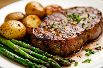 Wall Mural - A delicious grilled steak served with roasted potatoes and fresh asparagus, symbolizing a hearty meal, balanced nutrition, and a gourmet dining experience.