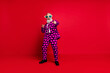© deagreez - Full length body size view of his he nice attractive cool crazy cheerful cheery glad white-haired guy dancing having fun take pick you isolated on bright vivid shine vibrant red color background