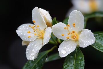 Wall Mural - Beautiful white flowers glistening with raindrops on lush green leaves in a tranquil garden setting