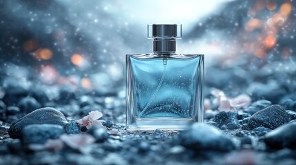 Wall Mural - Winter Perfume Bottle on Stones, Snow Background