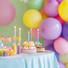 Poster - Colorful birthday celebration with a vibrant table covered in cakes, glowing candles, and cheerful balloons. Generative AI