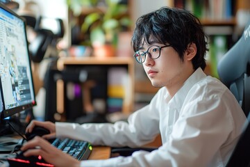 Young man focused on computer screen while wearing a white shirt in a cozy home workspace