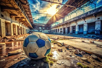 Wall Mural - A forgotten blue-white football, abandoned in the decaying grandeur of a deserted stadium. Urban exploration photography.