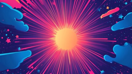 Wall Mural - Vibrant sunburst radiates energy playful pink purple hues dynamic cosmic background. AI Generated