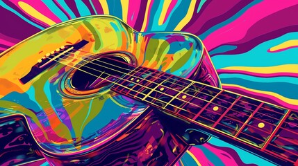 Canvas Print - a colorful illustration of an acoustic guitar on a vibrant, abstract background.