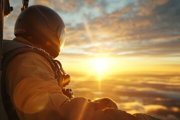 skydiver enjoys breathtaking view of sunset from high altitude during skydiving adventure