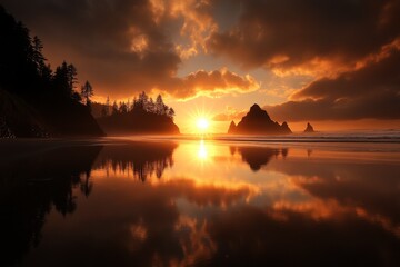 Canvas Print - Dramatic sunset over a tranquil beach with reflections on wet sand and silhouetted rocks