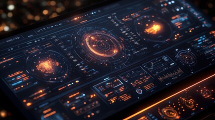Futuristic HUD interface displays data; bokeh background; tech presentation