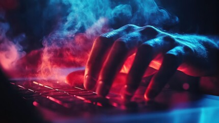 Close up of male hands using laptop at desktop with abstract digital cloud on blurry background. Cloud computing, database and technology concept