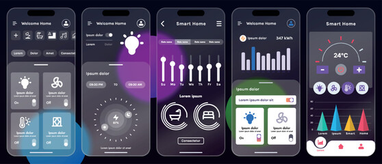 Sleek vector illustration of a smart home app interface displayed on a smartphone. The design features a glass base, modern icons and controls.