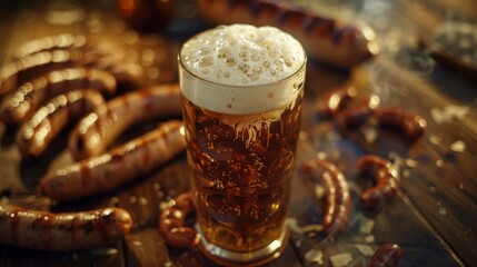 Wall Mural - A glass of beer is on a table with a bunch of hot dogs. The beer is half full and the hot dogs are scattered around the table. Scene is casual and relaxed