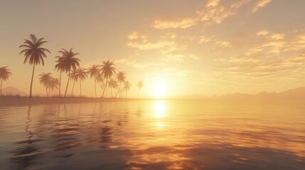 Wall Mural - Beautiful sunset reflecting on calm ocean waters with palm trees in the foreground at a tropical location. Generative AI