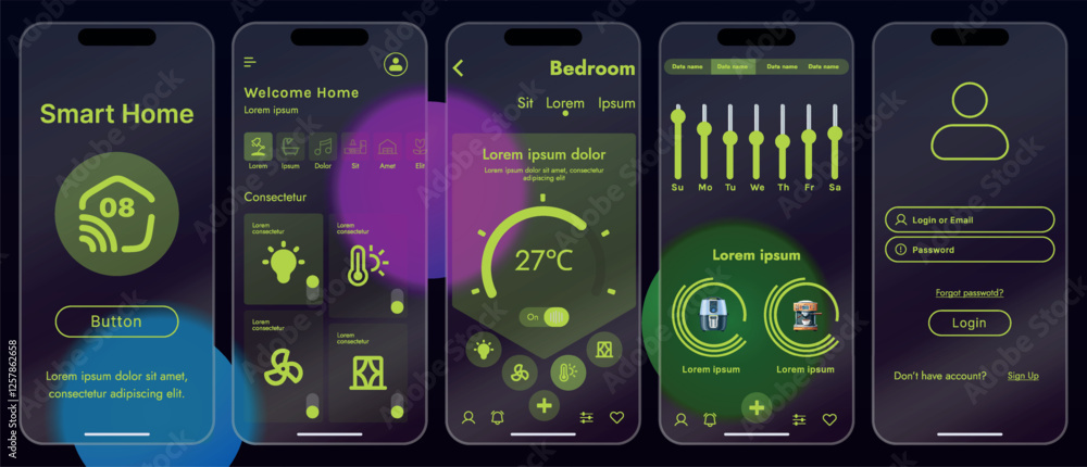 Sleek vector illustration of a smart home app interface displayed on a ...