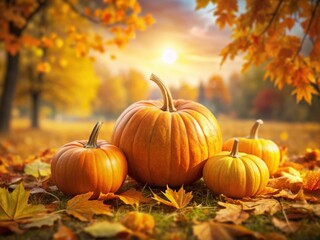 Wall Mural - Autumnal Pumpkin Trio Landscape Photography: Three Pumpkins in a Rustic Field