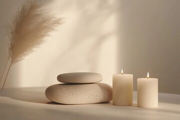 Poster - Relaxing spa environment with calming massage stones and elegant candles for ultimate tranquility. Generative AI