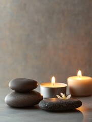 Aufkleber - Relaxation oasis with smooth massage stones and lit candles inviting tranquility and peace for rejuvenation. Generative AI