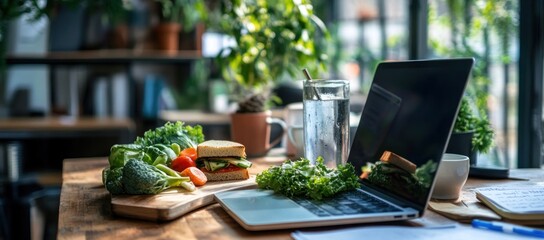healthy lunch break: laptop, veggie sandwich, and fresh greens