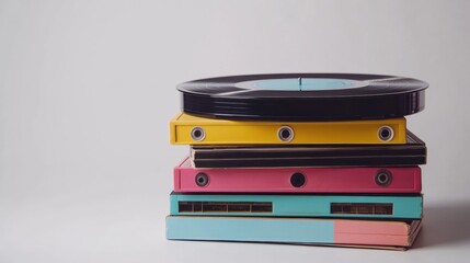 Poster - Colorful stack of vinyl records and retro cassettes showcasing K pop inspired designs. Generative AI
