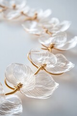 Canvas Print - Close-Up of Delicate White Magnolia Blossoms on a Thin Gold Wire, Bright White Background