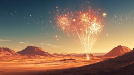 Wall Mural - Desert with celebration fireworks illustration