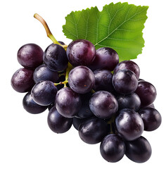 Wall Mural - Fresh Dark Purple Grapes with Leaf, isolated on transparent background.