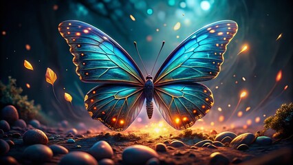 Wall Mural - Bioluminescent Butterfly Glowing in the Night, Copy Space for Text